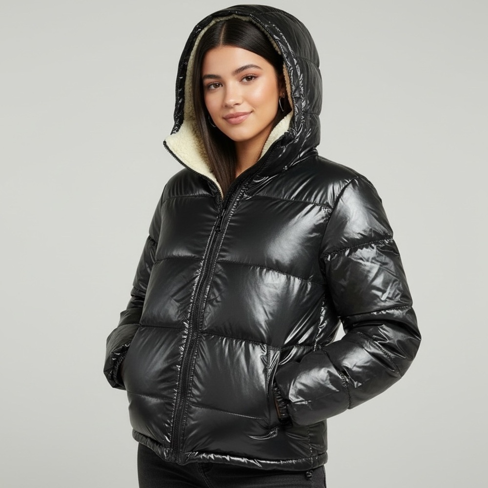 🌻NEW w/tag Levi’s Black Shiny Molly Sherpa Lined Puffer Jacket Women's Size XL
